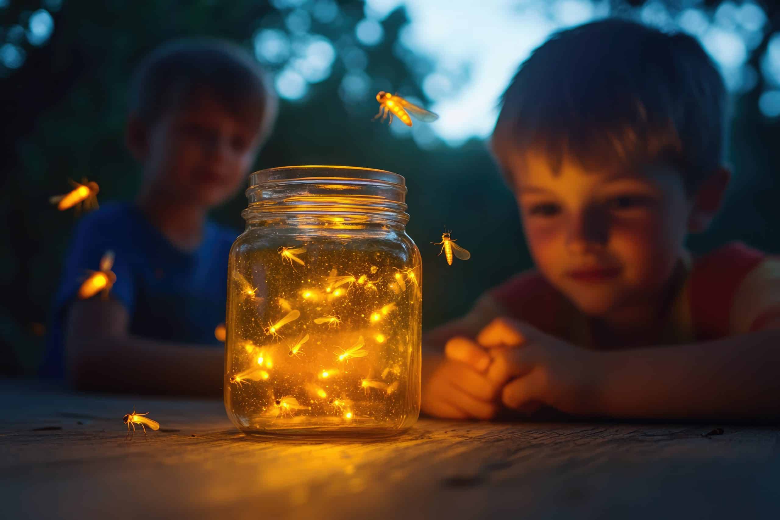 Kids With Bugs. Boys Capturing Fireflies in Jars, Childhood Adventure